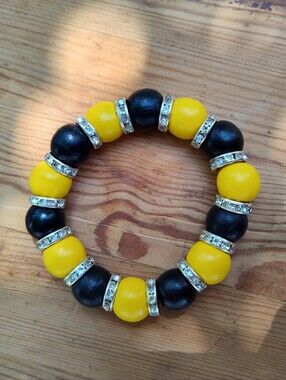 Black and Yellow Stretchy Beaded Bracelet W/ Silver Crystal Rondel Accents